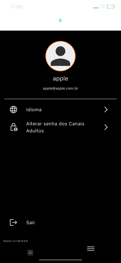 WiTV play - Écran de profil et des paramètres de l'application IPTV WiTV play montrant les informations du compte et les options de menu en portugais