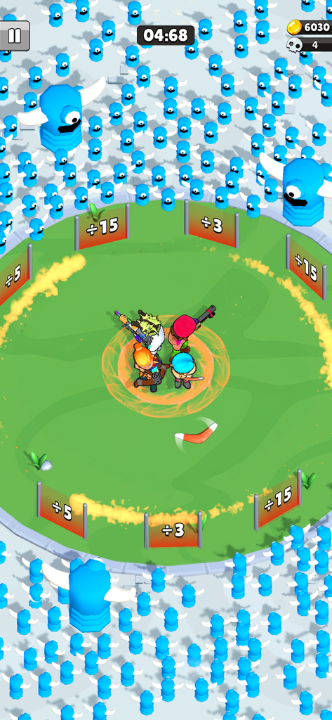 Survive Squad - Gameplay screenshot of Survive Squad showing a hero team defending against a massive alien horde in a green arena with multiplier gates.