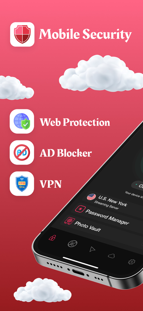 Mobile Security & AntiVirus. - Screenshot dell'app Mobile Security che evidenzia funzionalità come Protezione Web, Blocco Annunci, VPN e Gestore Password su un iPhone.