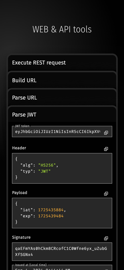 Developer Tools: Exabox - Exabox developer tools mobile interface showing a JWT token parser with header payload and signature fields