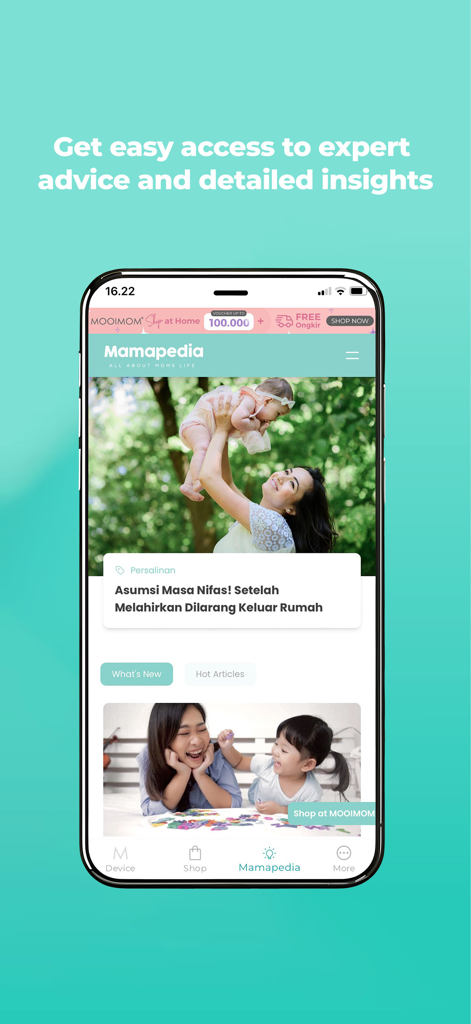 MOOIMOM SmartFlow® - Interface Mamapedia de l'application MOOIMOM SmartFlow montrant des articles d'experts sur la parentalité et des conseils post-partum pour les mères.