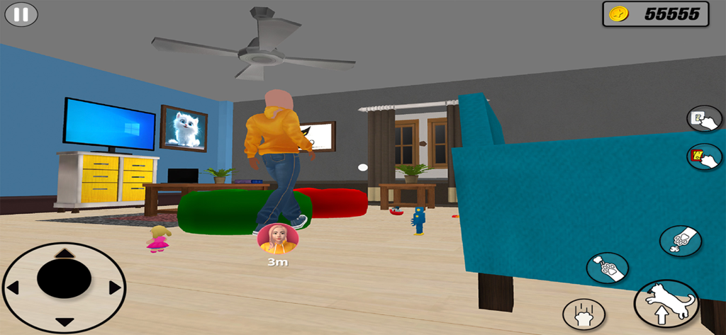 I Am Cat and Granny Simulator - First-person perspective of a cat in a living room sneaking up on a human character in a 3D simulation game.