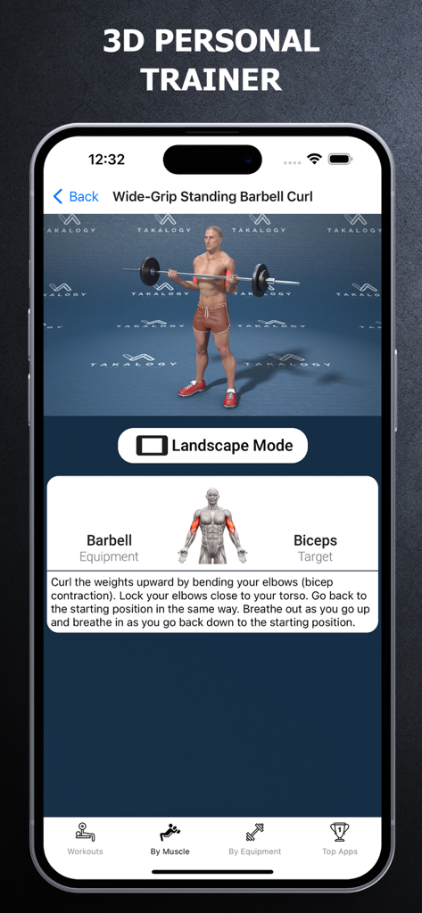 Gym Workout - Muscle Building - A smartphone showing a 3D personal trainer app demonstrating a wide-grip standing barbell curl exercise with target muscle highlights.