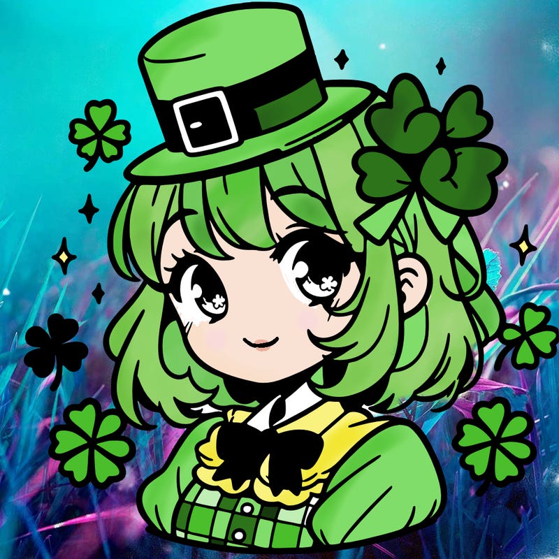 a manga-style girl with clovers around her, a little hat in her hair, like it's saint patrick's day