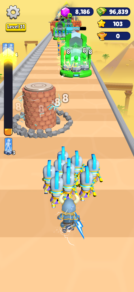 Mob Era: Age Evolution - A mob of ancient blue warriors running through a desert level with pyramids in Mob Era Age Evolution