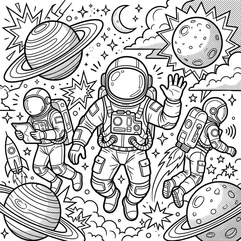 Journey through the cosmos with this vibrant Pop Art coloring page featuring intrepid astronauts. Designed for teens, it's packed with dynamic comic-style elements and celestial wonders waiting for your unique color palette.