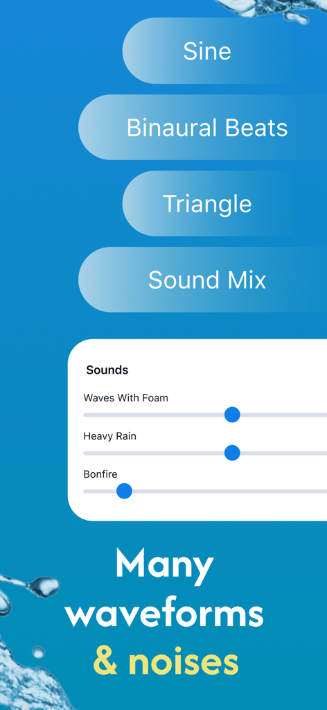Clear Stereo Sound-Clean Wave - Écran d'application mobile affichant les options sonores pour les battements binauraux et le mixage de bruits ambiants