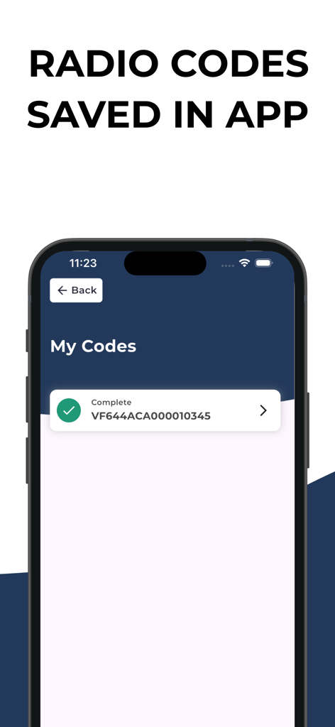 Radio Code Finder for Renault - Schermata di un dispositivo mobile che mostra un elenco di codici di sblocco autoradio salvati nell'app Radio Code Finder per Renault