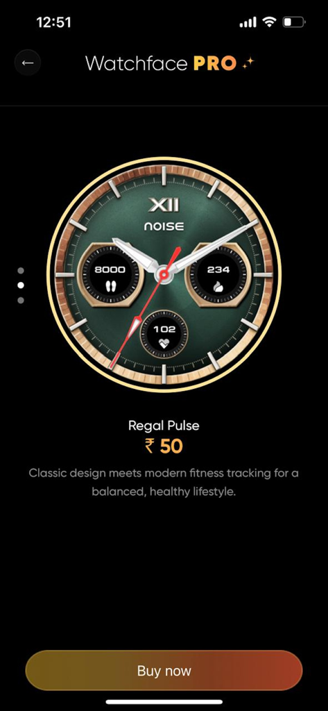 NoiseFit: Health & Fitness - A classic analog smartwatch face named Regal Pulse showing steps heart rate and calories on the NoiseFit app