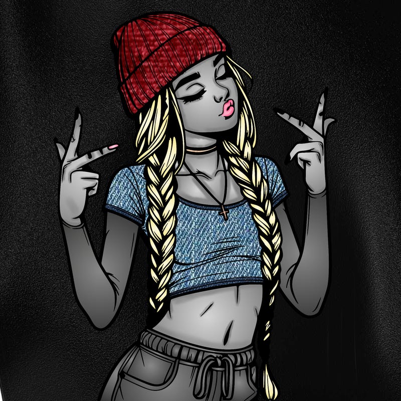 realistic teenage girl with braids and a beanie and crop top doing 🫶🏼