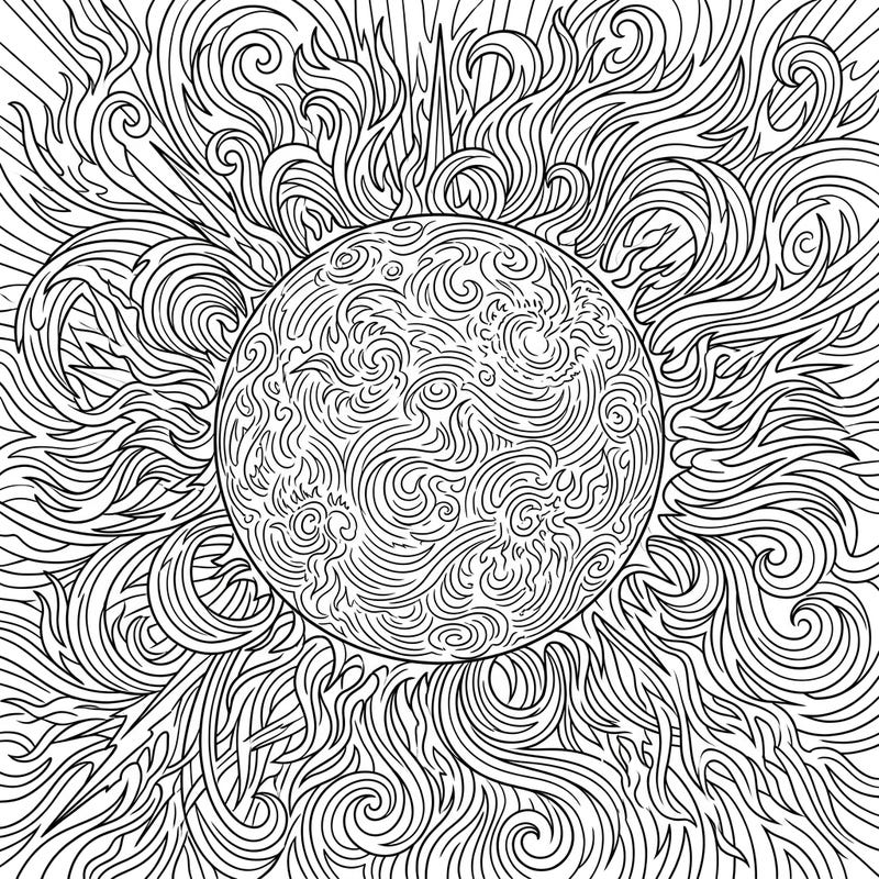 Explore the mesmerizing energy of the sun with this intricate solar flare patterns coloring page. Its dynamic lines and swirling designs offer a captivating and detailed artistic challenge.
