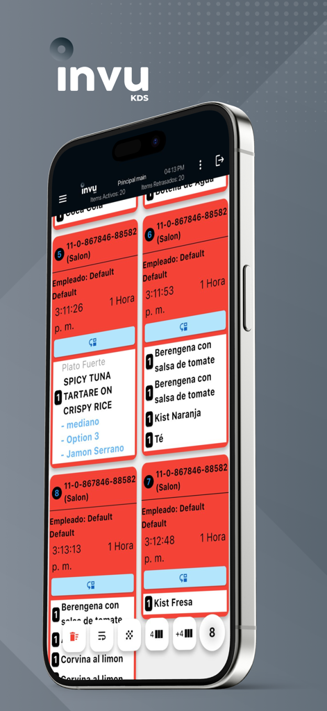 Digitale Küchen-Bestellbelege, angezeigt in der InvuKDS-App-Oberfläche