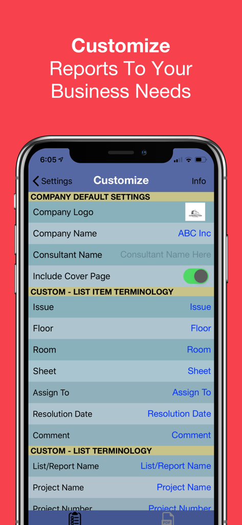 Punch List & Site Audit Report - Mobile app interface for customizing construction site audit reports with company logo and terminology settings