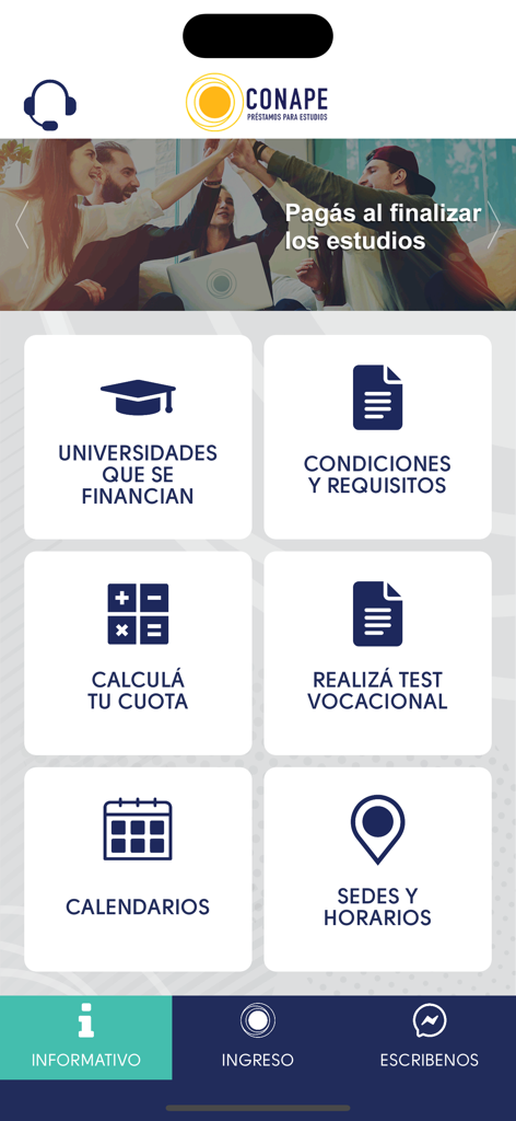 Main menu of the Conape mobile app showing student loan services and tools