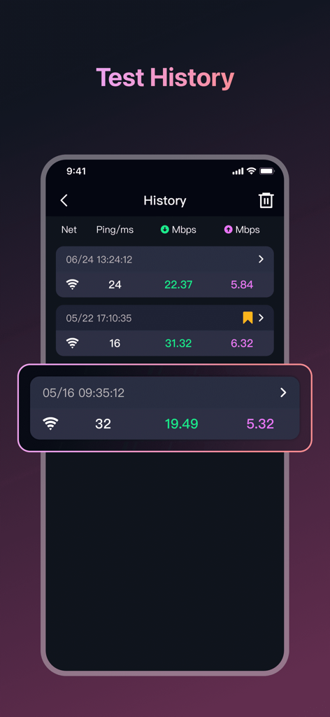 Speed Test - WiFi Analyzer + - Journal des résultats des tests de vitesse montrant le ping et les résultats de vitesse du réseau