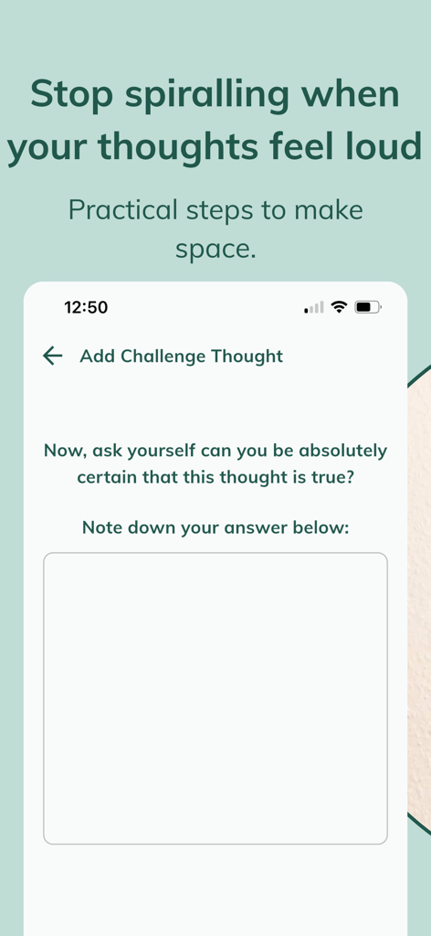 WorryTree: Anxiety Relief - Smartphone screen showing the WorryTree app thought challenge feature for anxiety relief