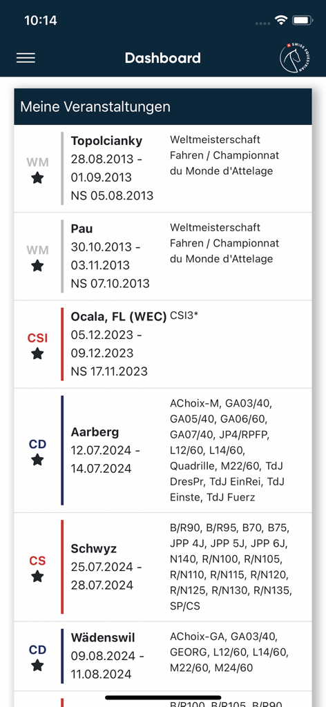 Swiss Equestrian - Dashboard of the Swiss Equestrian app displaying a list of horse riding events and competition details