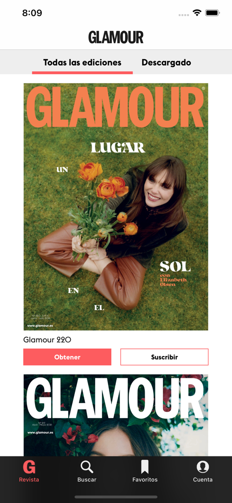 Interfaz de la aplicación Glamour España mostrando ediciones de revistas digitales con una portada de Elizabeth Olsen