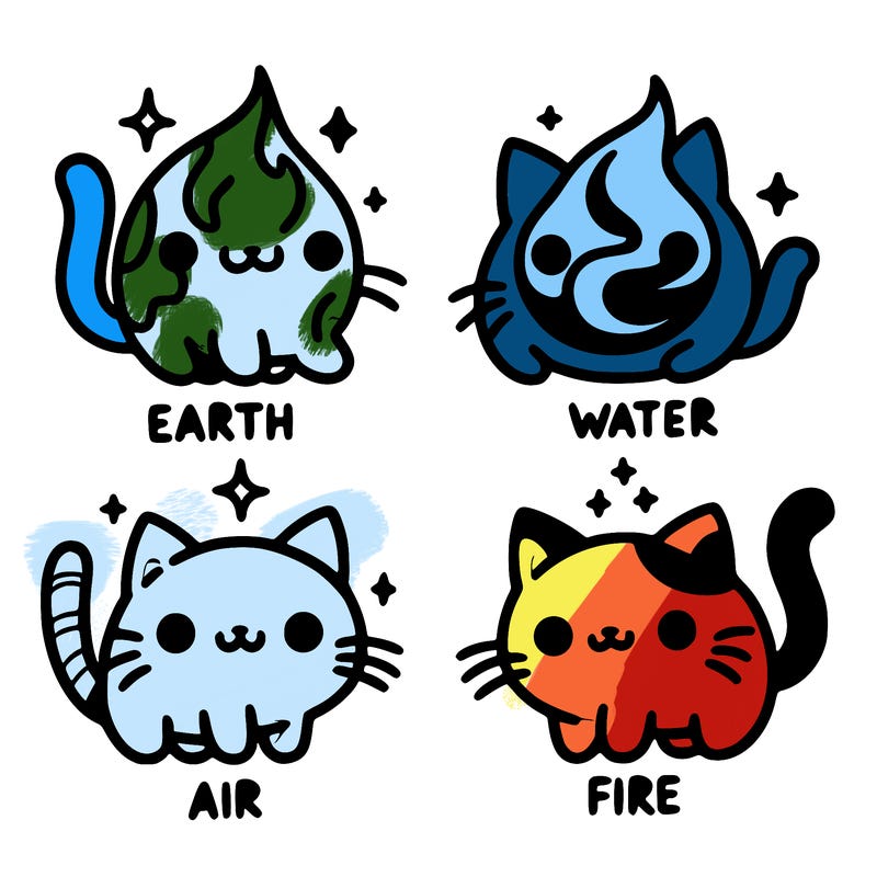 4 cats that represent the different elements, earth, water, air, and fire