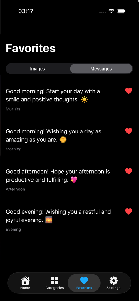 Good Morning Night Afternoon - Una lista de saludos favoritos para la mañana, la tarde y la noche dentro de la aplicación.