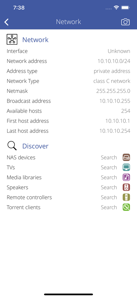 Printer Discover - Network information and device discovery dashboard in the Printer Discover app.