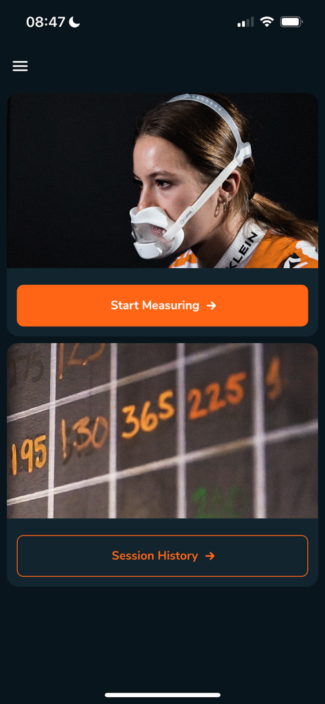 Calibre Biometrics - Interface of the Calibre Biometrics app showing a woman using the wearable breath tracker and buttons to start measuring or view session history