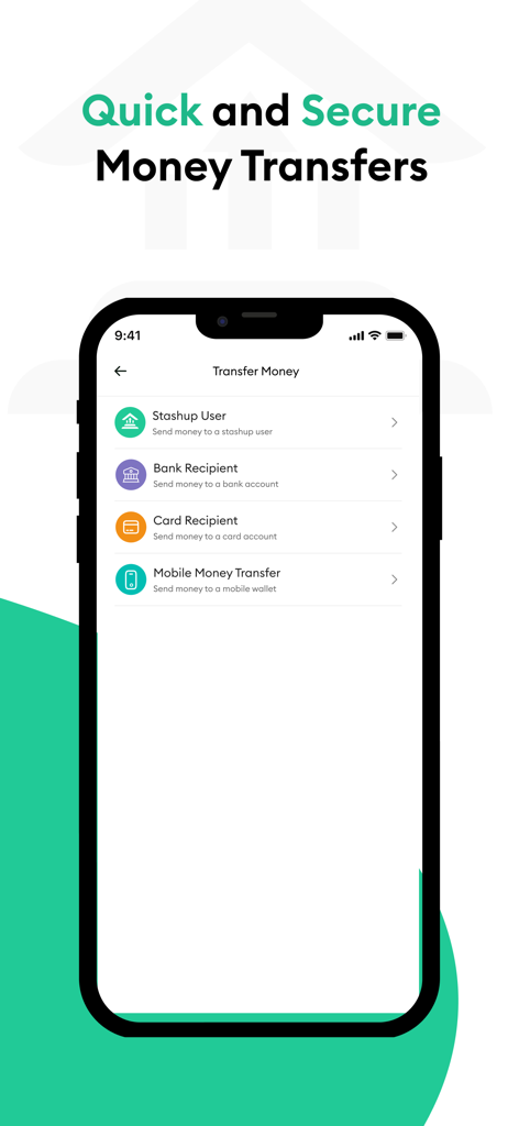 Pantalla de la aplicación móvil StashUp para transferencias de dinero rápidas y seguras