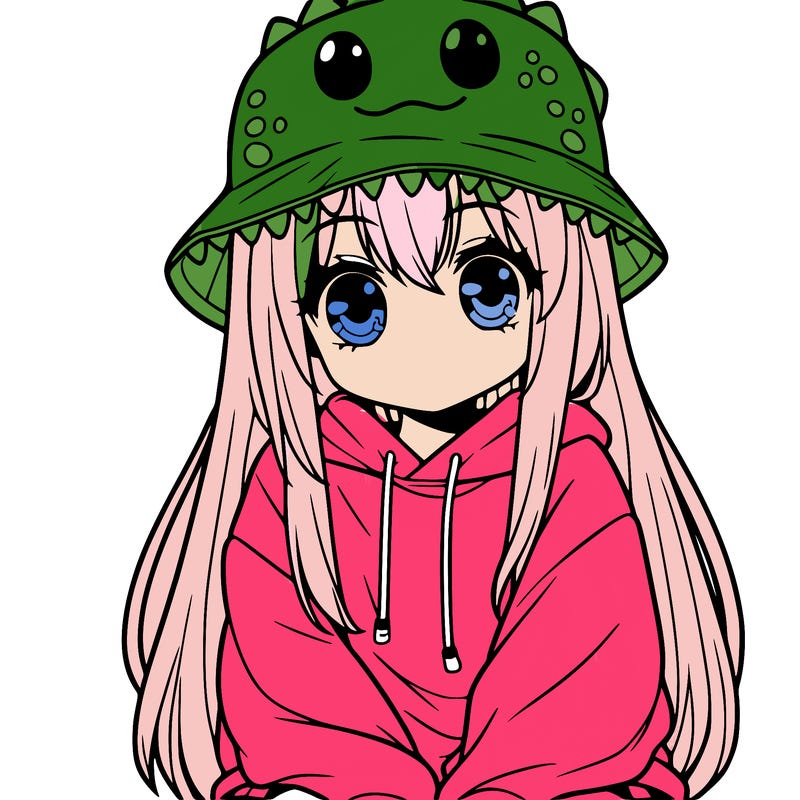 girl with anime shaped eyes with a dinosaur bucket hat oversized sweatshirt long straight hair