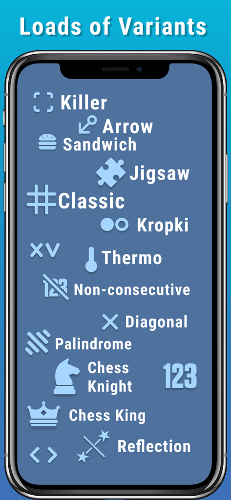 Sudoku & Variants by Logic Wiz - Screenshot of Sudoku and Variants app displaying a list of logic puzzle types like Killer, Sandwich, and Jigsaw.