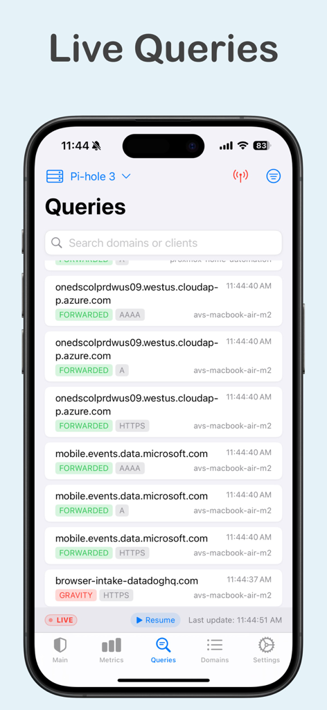 Pi-hole Switch Pro - Interface of the Pi-hole Switch Pro app displaying live DNS query logs and real-time network traffic data