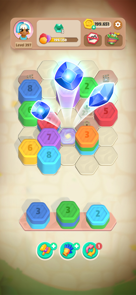 Hexa Stack: Color Sort Puzzle - A gameplay screenshot of Hexa Stack Color Sort Puzzle showing colorful hexagonal tiles and blue gems on a board.