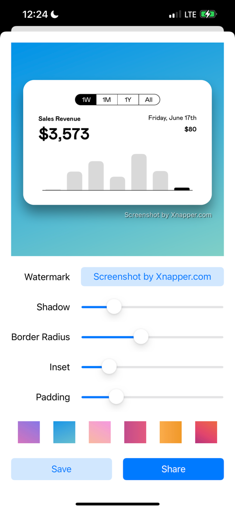 Xnapper - Beautiful Screenshot - Interfaz de la aplicación móvil Xnapper que muestra herramientas para añadir sombras, esquinas redondeadas y degradados a las capturas de pantalla