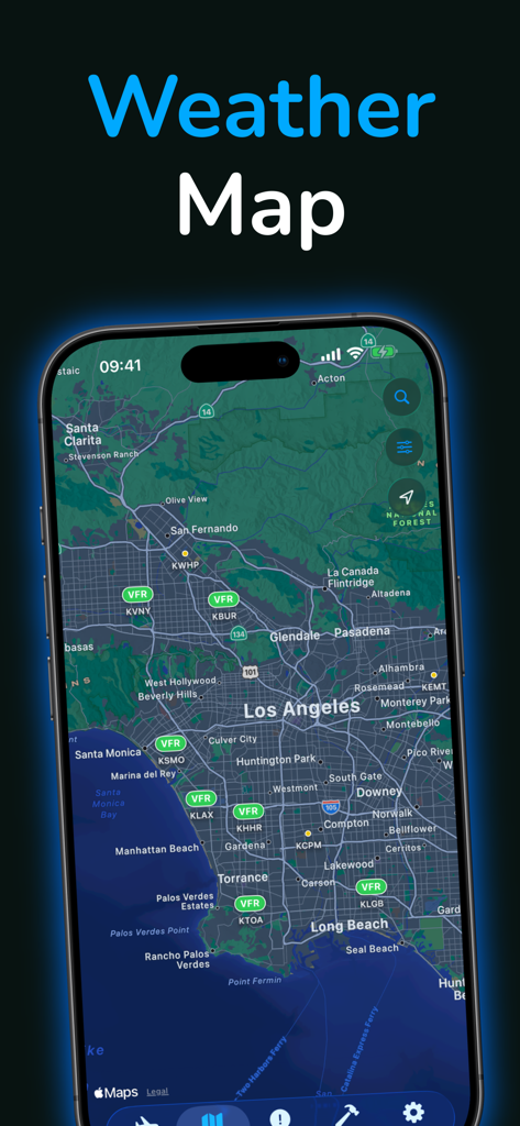 Una captura de pantalla de una aplicación móvil que muestra un mapa meteorológico de aviación interactivo con indicadores de reglas de vuelo VFR para aeropuertos en el área de Los Ángeles.