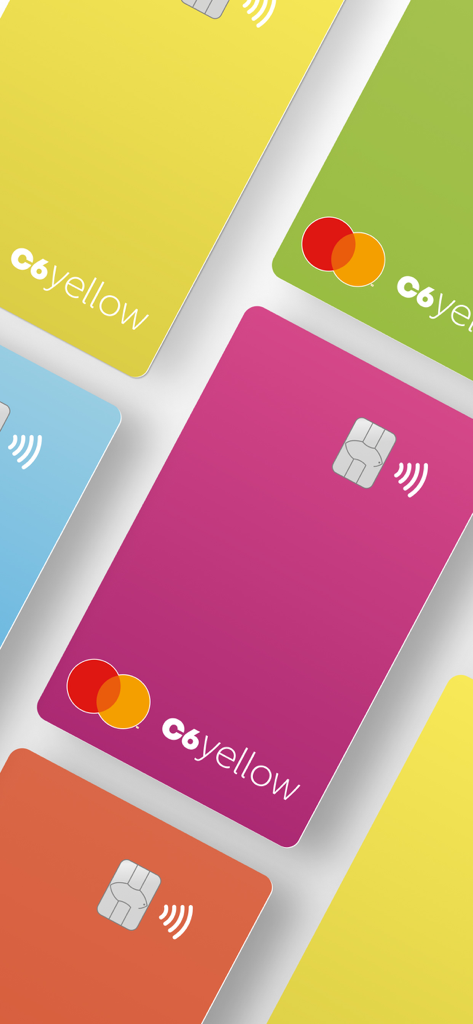 Eine Auswahl an bunten C6 Yellow Debitkarten in Pink, Gelb, Grün und Blau für Kinder und Jugendliche.