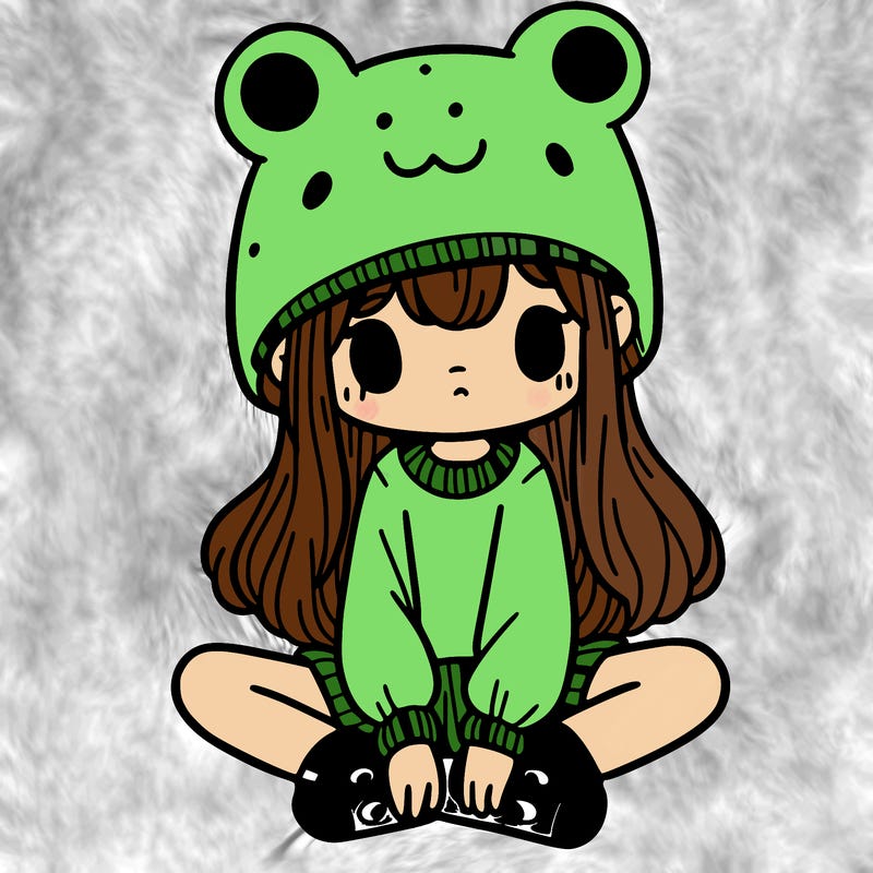a girl wearing a frog hat and some frog socks