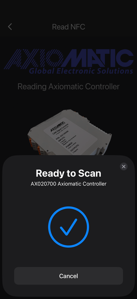 E-Write NFC - Ready to scan screen for an Axiomatic industrial controller in the E-Write NFC app