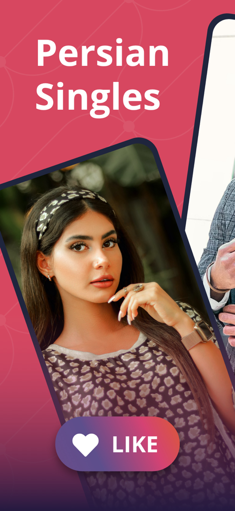 Interfaz de la aplicación de citas IranianPersonals que muestra el perfil de una mujer persa con un botón de Me gusta
