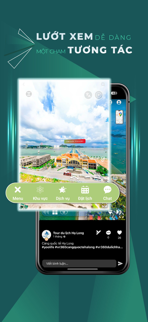 YooLife mobile app interface displaying a 360-degree virtual reality tour of Ha Long Bay with an interactive menu overlay.