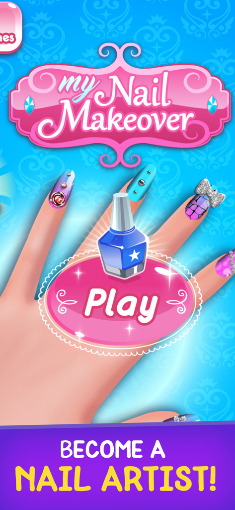 Menu principal du jeu Nail Makeover montrant une main décorée et un bouton de lecture