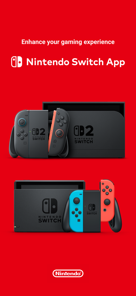 Nintendo Switch App - A Nintendo Switch App promotional banner featuring the Nintendo Switch 2 and original Nintendo Switch consoles on a red background.
