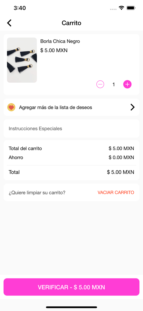 Accesorios Rubi - Einkaufswagenansicht in der Accesorios Rubi App