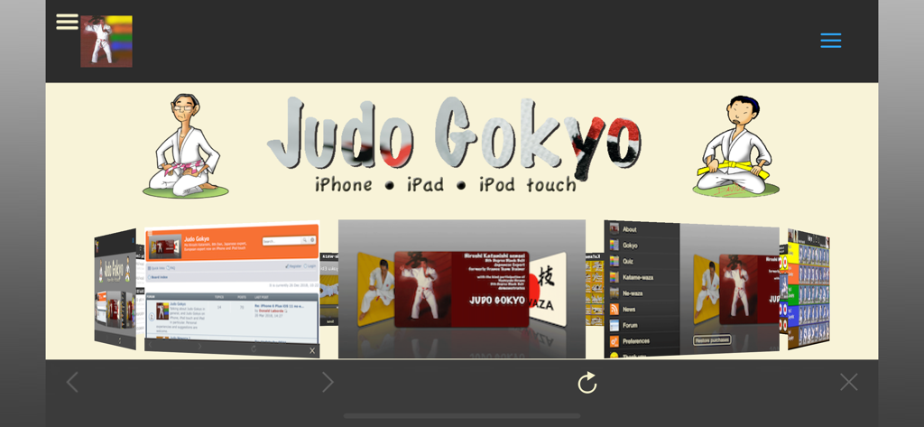 Interfaz de la aplicación móvil Judo Gokyo que muestra menús de entrenamiento y demostraciones del Maestro Hiroshi Katanishi