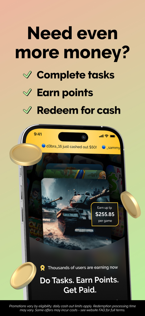 Grant Cash Advance app screen showing how users can earn money and points by playing games and completing tasks.