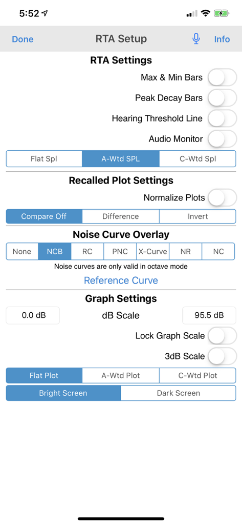 RTA app configuration screen showing various audio analysis settings including SPL weighting and noise curve overlays
