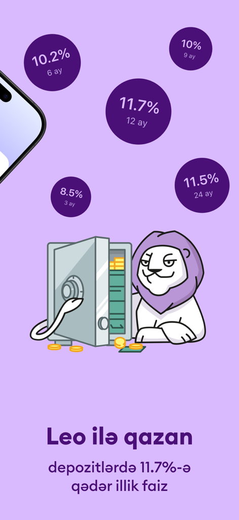 Leobank mobile app screen advertising up to 11.7 percent annual interest on deposits with a lion mascot
