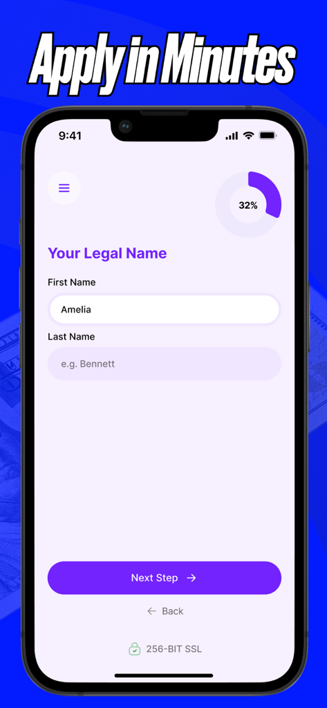 Cash Advance Now - By Ocoee. - Mobile screen showing the legal name entry form for a cash advance application with a 32 percent progress bar