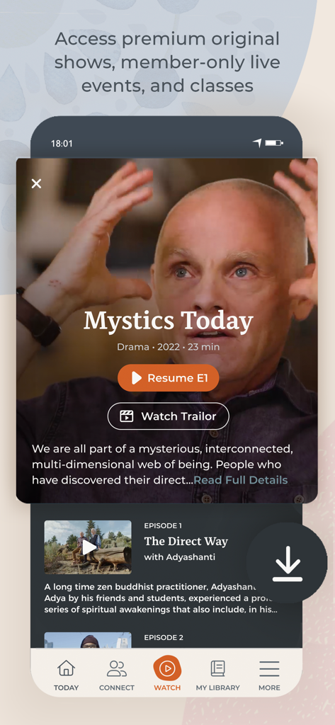 Sounds True One - Interface of the Sounds True One app displaying a premium spiritual show called Mystics Today featuring teacher Adyashanti.