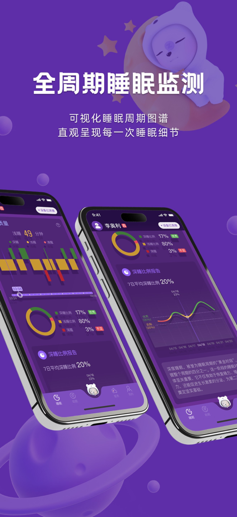 呼呼睡 - Huhu Sleep app interface showing detailed sleep cycle tracking and data analytics.