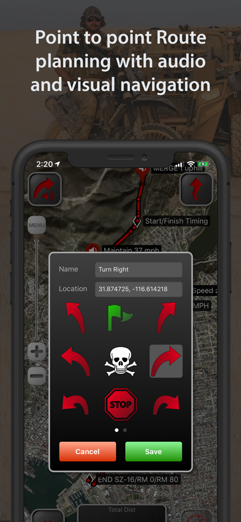 LeadNav GPS app interface showing point to point route planning with tactical icons over a satellite map