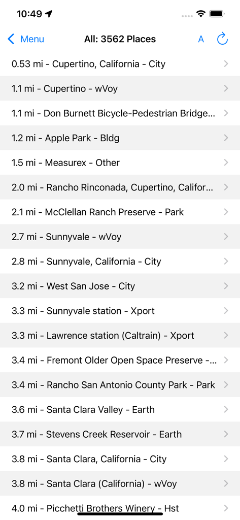 WikiPal USA - List of nearby Wikipedia and Wikivoyage locations in the WikiPal USA app showing distances and categories for places in California.